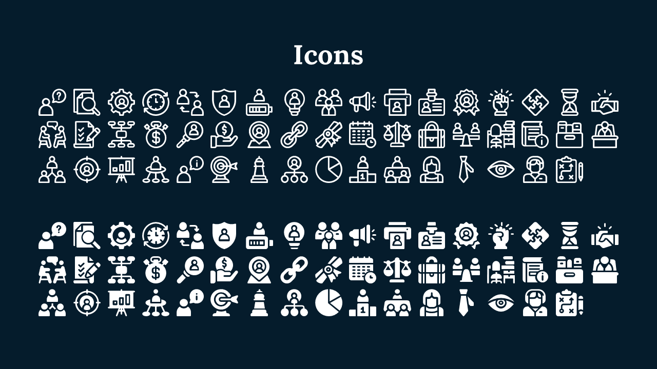 A grid of 60 minimalist icons, including symbols for team collaboration, data charts, and business analysis in blue backdrop.