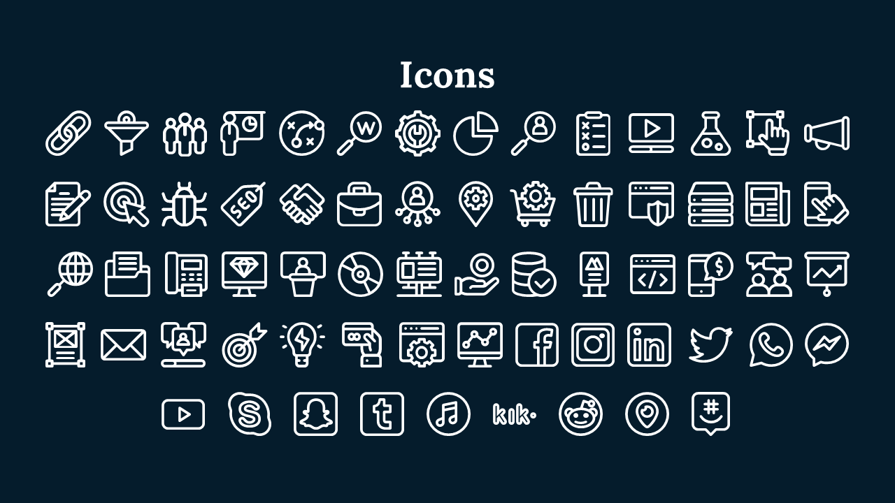 A collection of white icons representing various digital and business concepts like social media, SEO and communication.