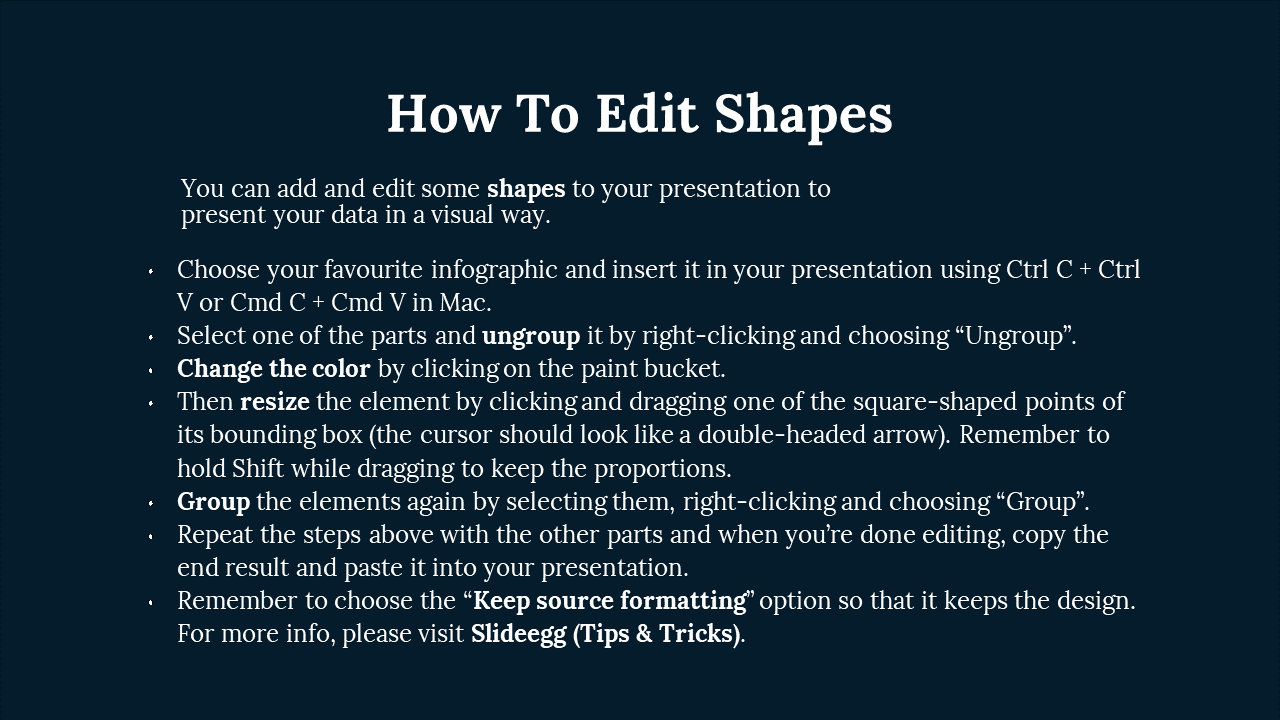 A tutorial slide showing how to edit shapes in PPT, with steps on ungrouping, resizing, changing colors, and grouping elements.
