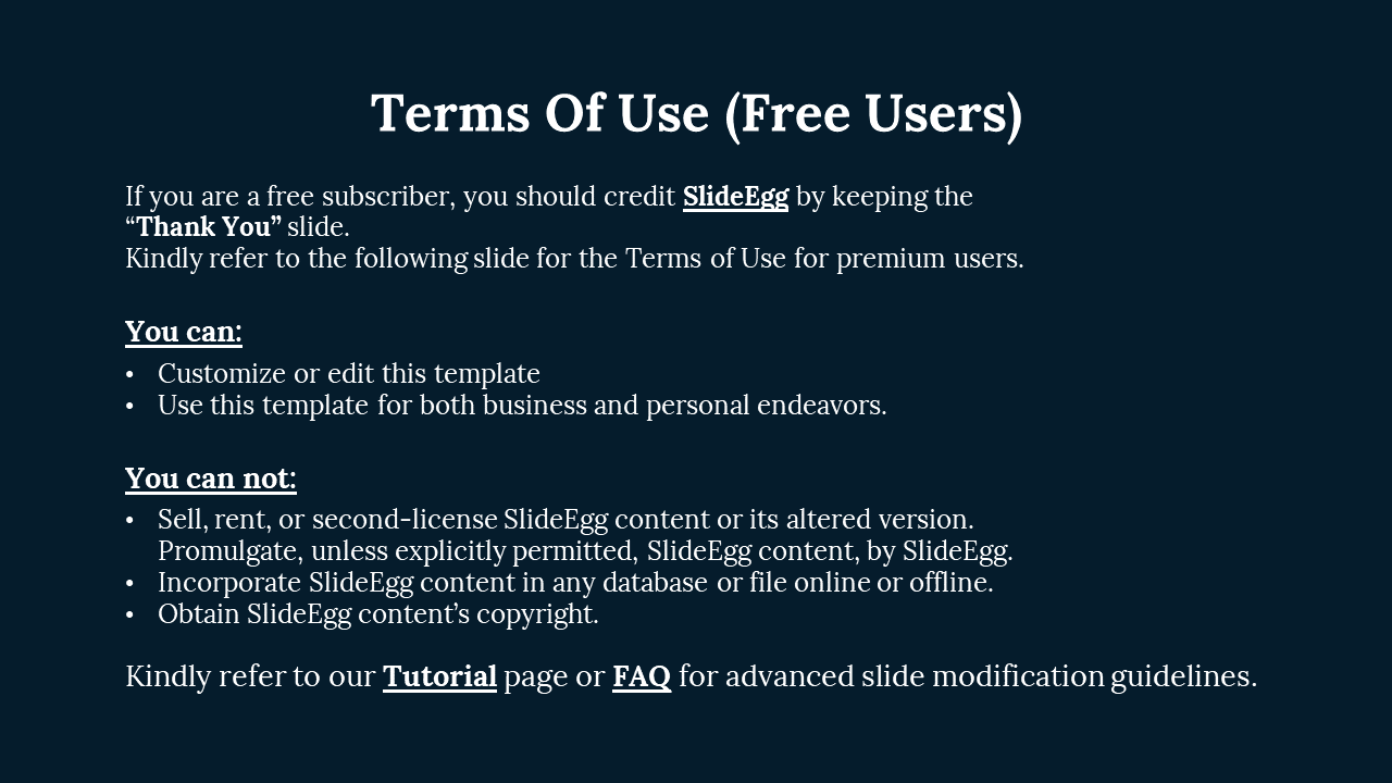 A slide outlining the terms of use for free users of SlideEgg, with rules about customizing the template on a blue backdrop.