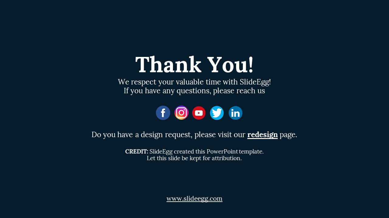 A thank you slide featuring social media icons for Facebook, Instagram, YouTube, and LinkedIn on a dark blue backdrop.
