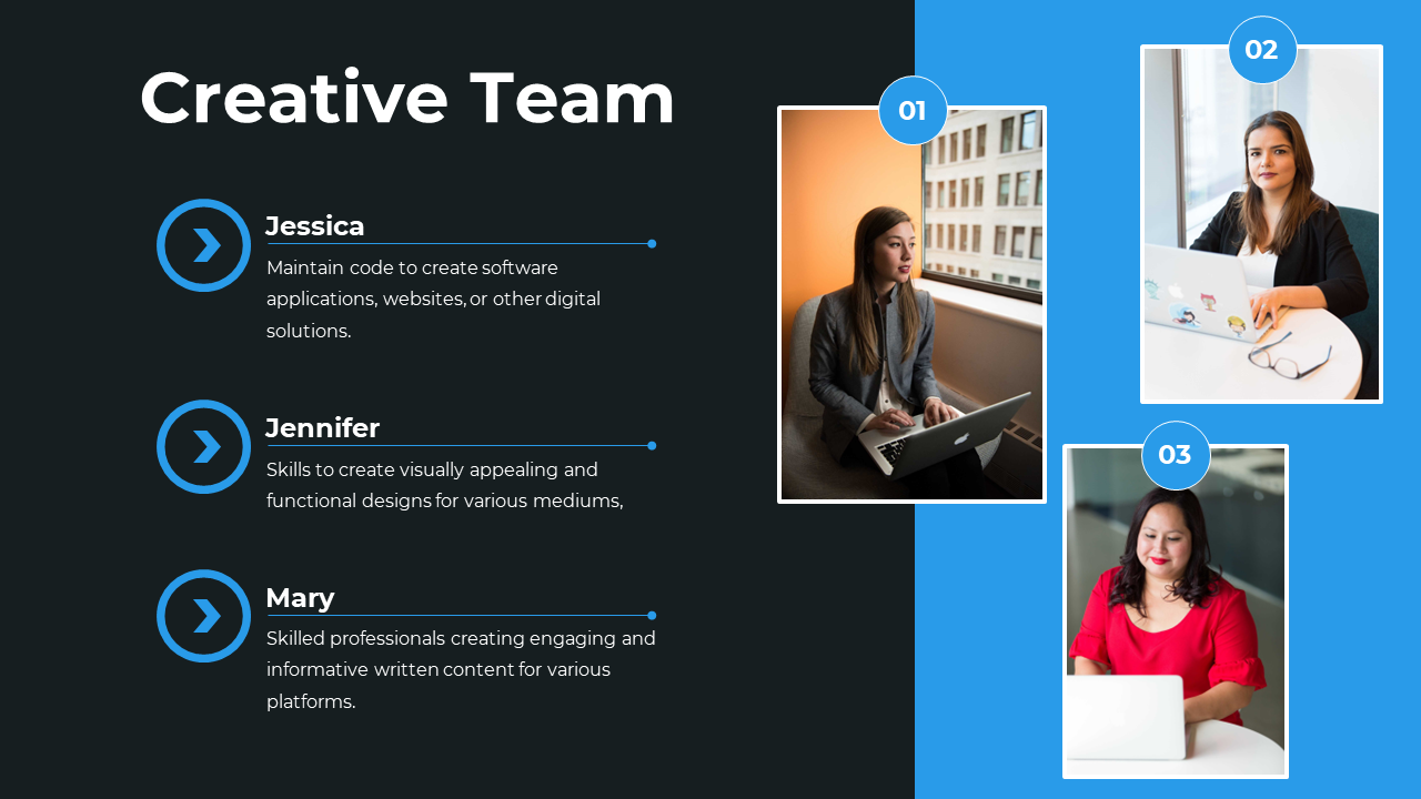 A team introduction slide for the creative team, featuring Jessica, Jennifer, and Mary, along with their job descriptions.