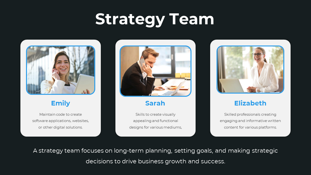 Slide introducing the strategy team, featuring Emily, Sarah, and Elizabeth along with brief description and responsibilities.