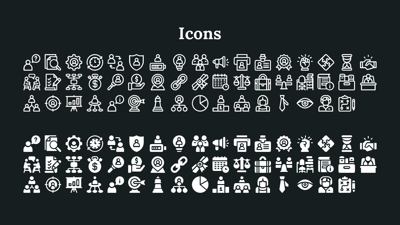 A collection of 60 white icons representing various business and analytical concepts on a dark backdrop.