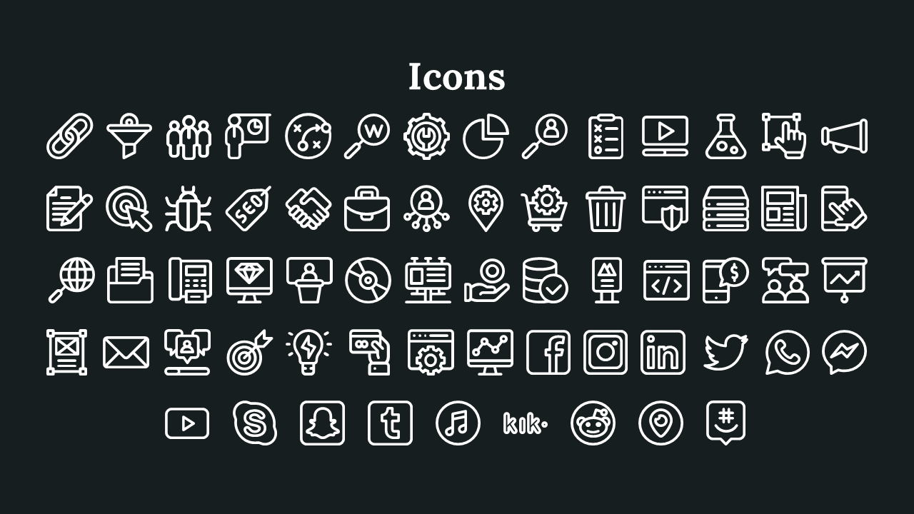A grid of 42 white icons, showcasing concepts like SEO, marketing strategies, social media platforms, and digital tools.