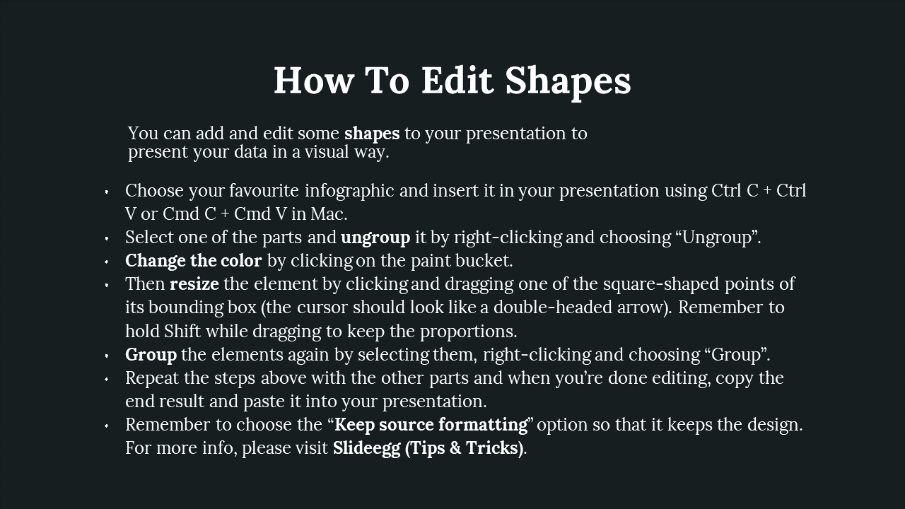 A tutorial slide on editing shapes in PPT, with instructions for ungrouping, changing colors, resizing, and grouping elements.