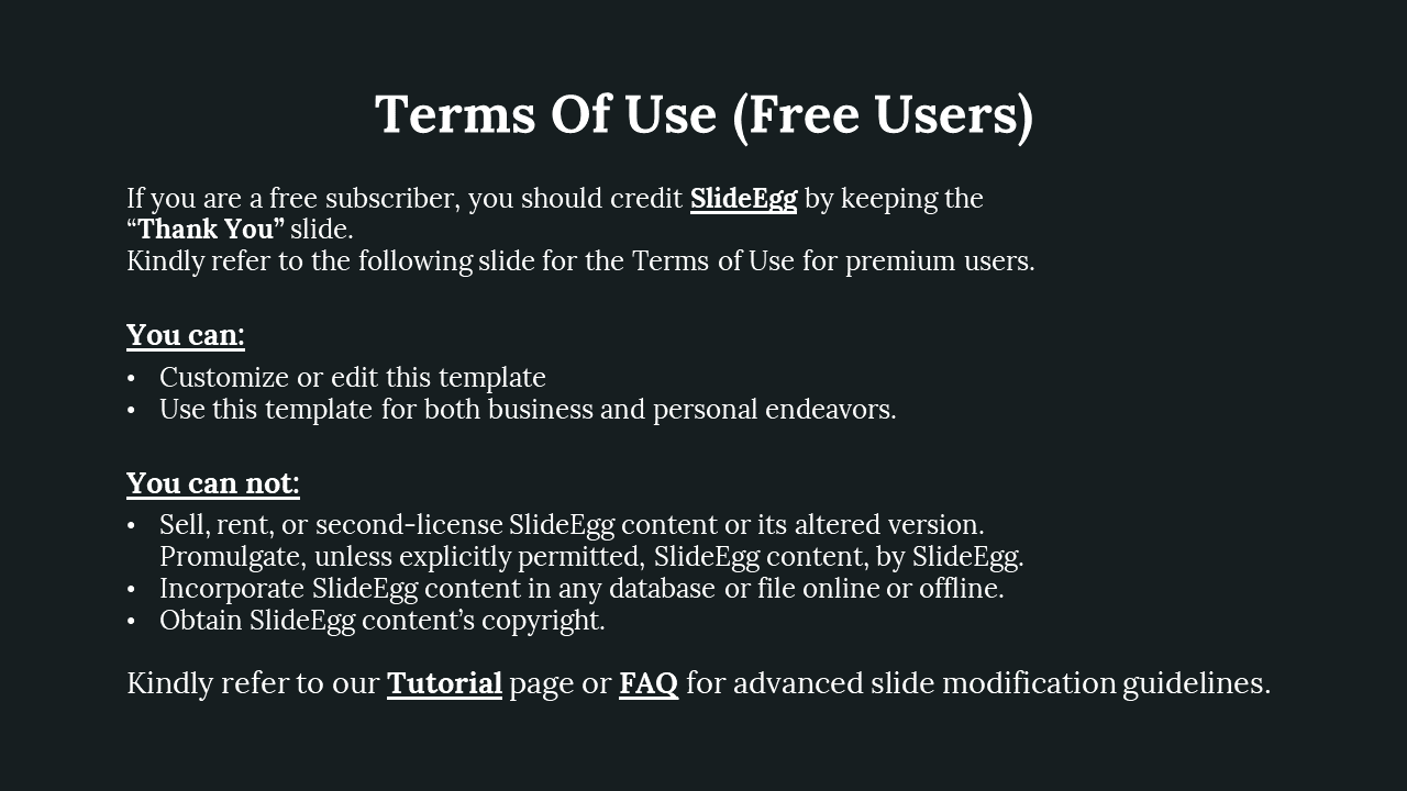A slide outlining the terms for free users of SlideEgg, including the ability to edit and use the template on a dark theme.