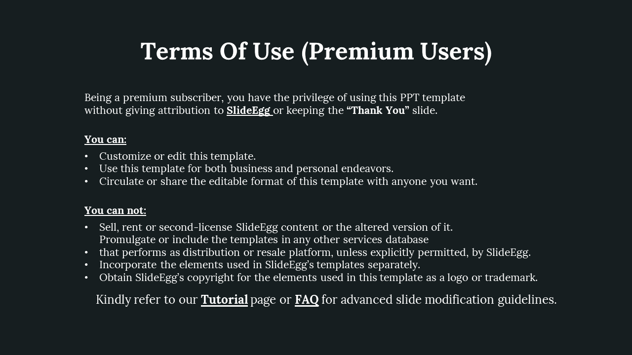 A slide for premium users of SlideEgg, explaining the privileges to use and distribute templates on a dark backdrop.