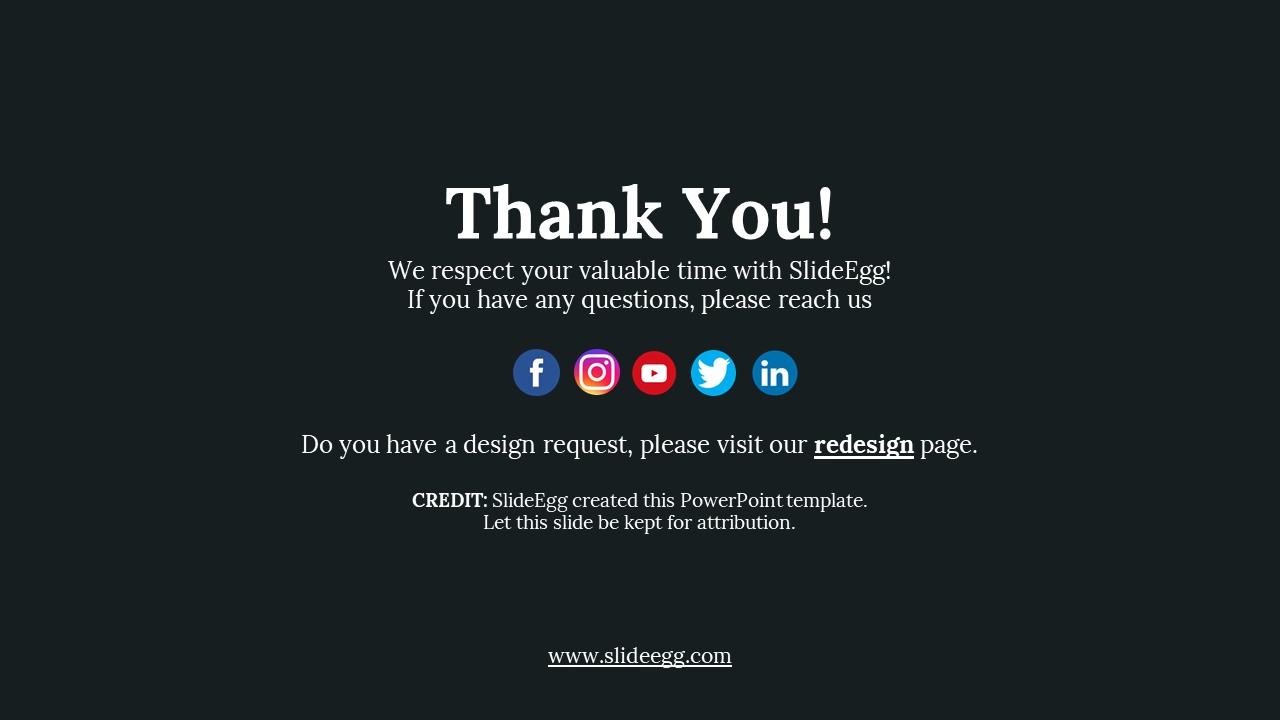 A thank you slide with social media icons Facebook, Instagram, YouTube, Twitter, and LinkedIn on a dark backdrop.