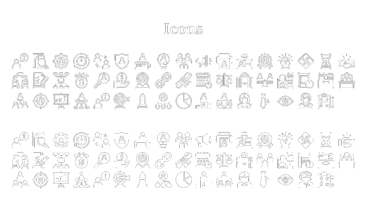 A collection of professional icons including teamwork, analysis, strategy, and finance symbols on a white backdrop.