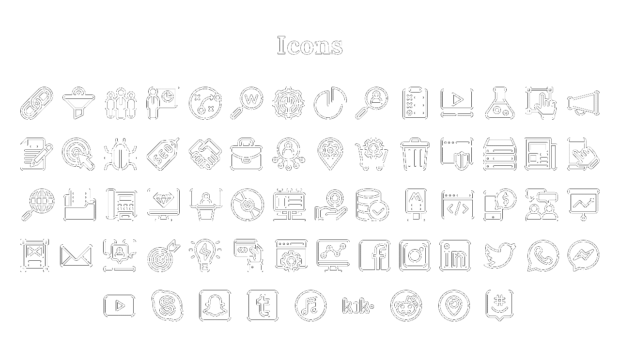 A comprehensive set of icons representing digital marketing, business analysis, social media, and more on a white backdrop.