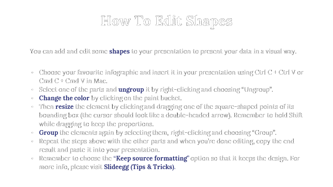 A step by step guide to editing shapes in PowerPoint, including ungrouping, resizing, and recoloring elements.