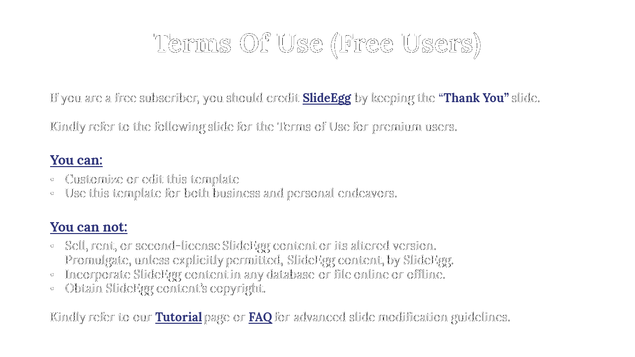 Instructions for free users on how to use SlideEgg templates, including allowed and restricted uses on a white theme.