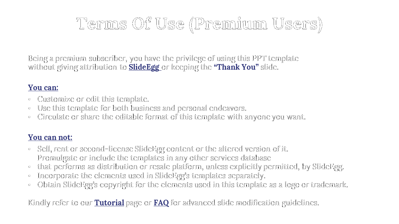 Terms of use for SlideEgg premium users explaining customization rights, the ability to circulate templates on a white theme.