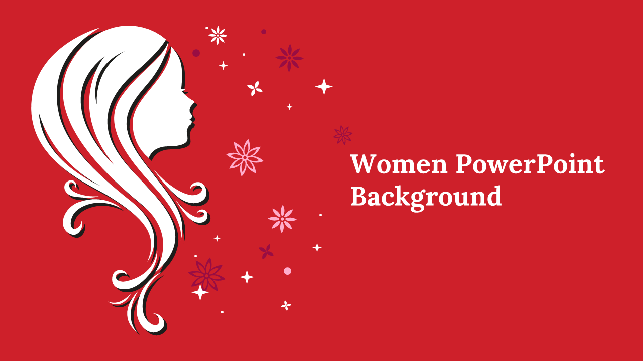 A red background featuring a woman’s silhouette with flowing hair, decorated with colorful flowers and stars.