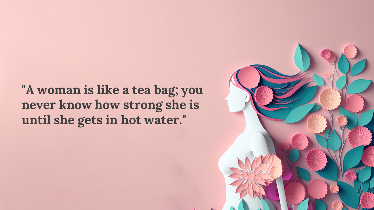 A paper cut style woman with flowing hair surrounded by pink and teal flowers, with a quote.