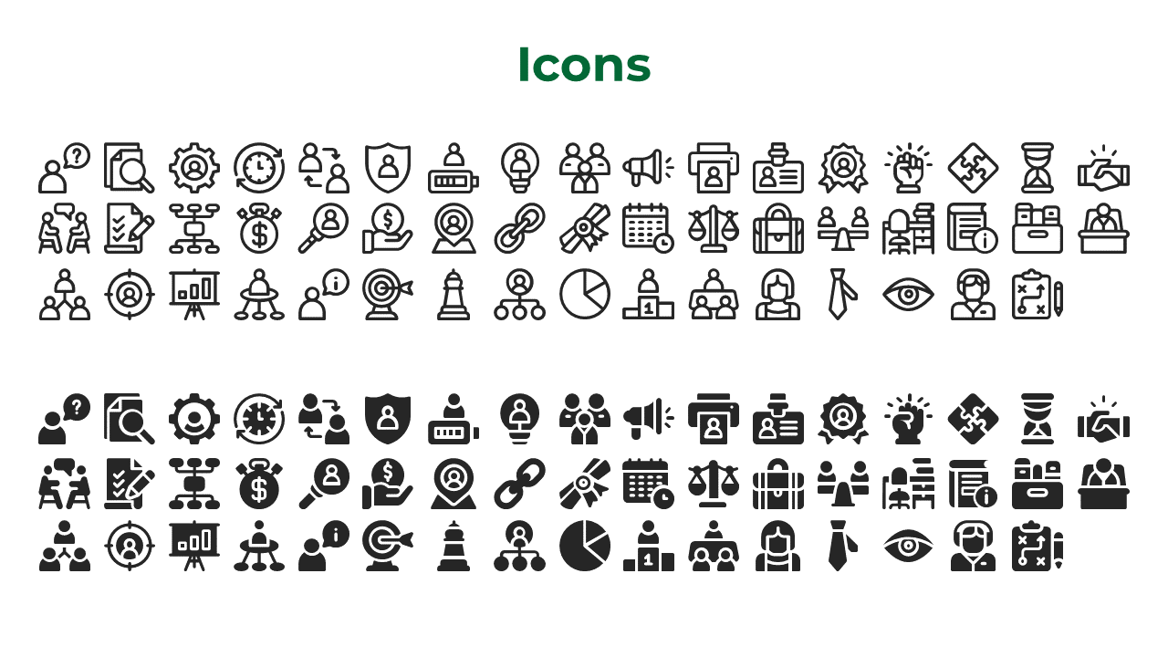 Slide featuring various professional and business related icons such as people, charts, gear and briefcases on a white theme.
