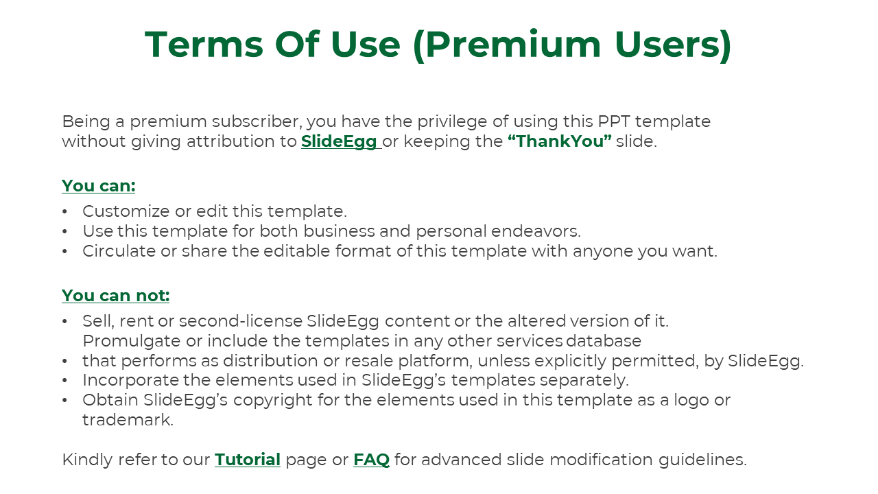 PPT slide with guidelines for premium users, allowing customization and distribution of templates on a white backdrop.