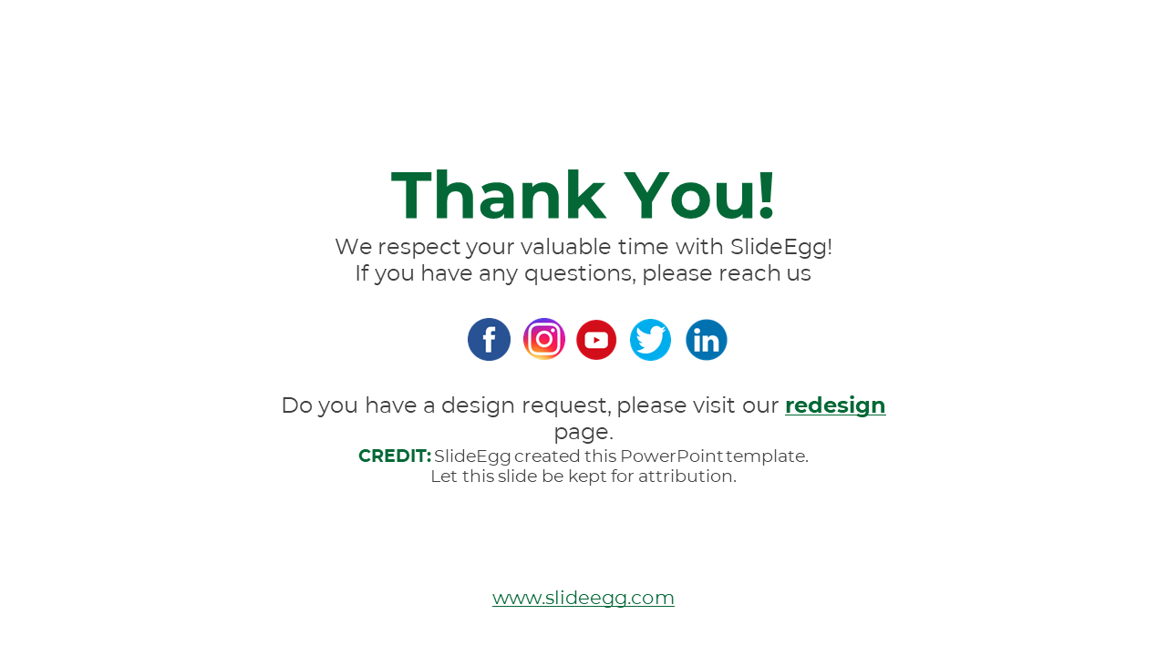 Thank you slide with green text, social media icons, and a credit note for SlideEgg's design, inviting design requests.