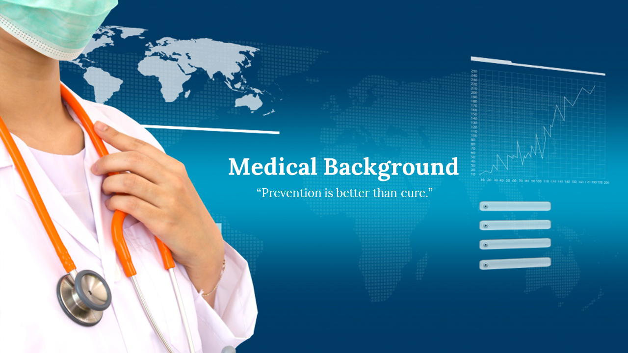 A healthcare professional with a stethoscope on a blue background with a global map and data chart.