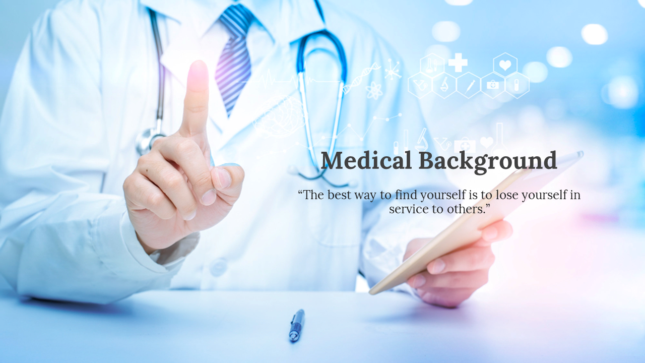 A doctor pointing with one finger while holding a tablet, with a digital medical background and a quote.