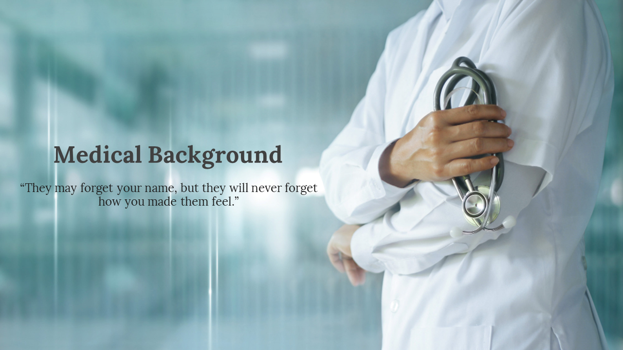 A doctor in a white coat with a stethoscope draped over their arm, standing with a soft focused background and a quote.