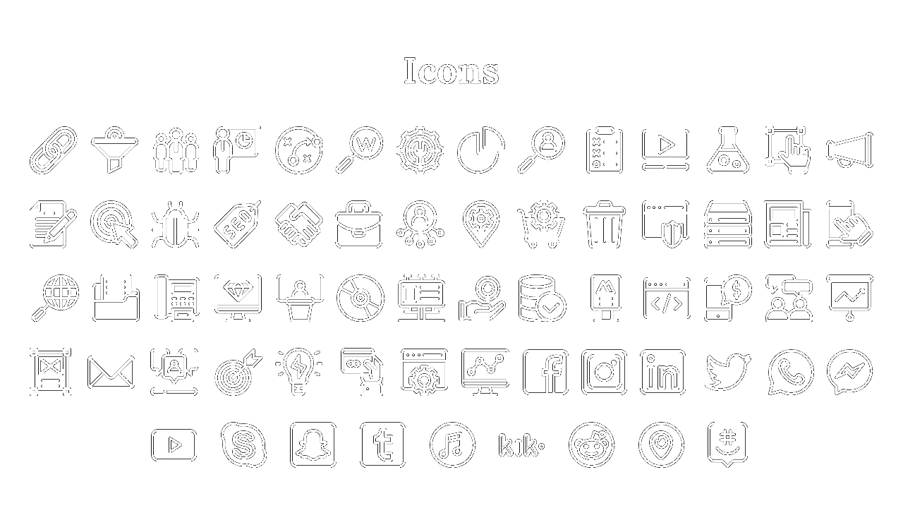 A set of outlined icons representing digital marketing, SEO, analytics, communication, and social media platforms.