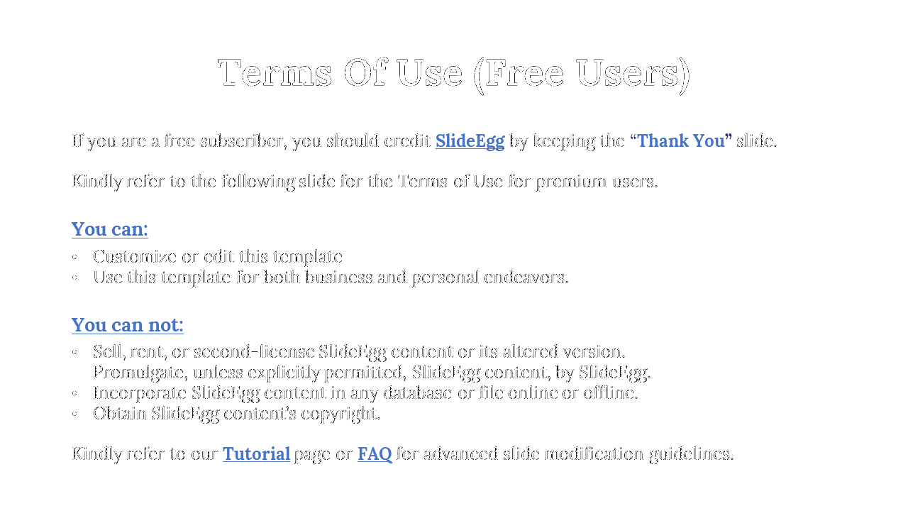 Terms and conditions for free users of SlideEgg, explaining the rights to edit and use templates on a white backdrop.