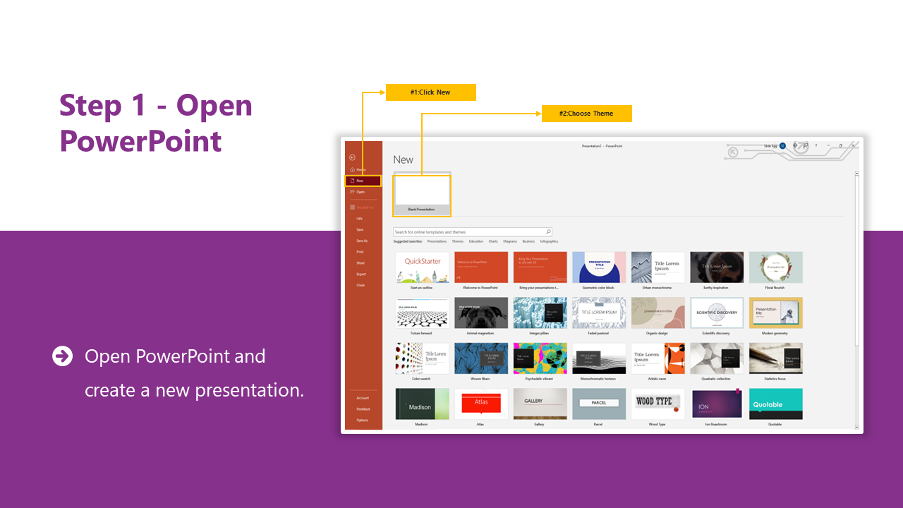 Step 1 shows how to open PowerPoint and create a new presentation by selecting and choosing a theme on a split backdrop.
