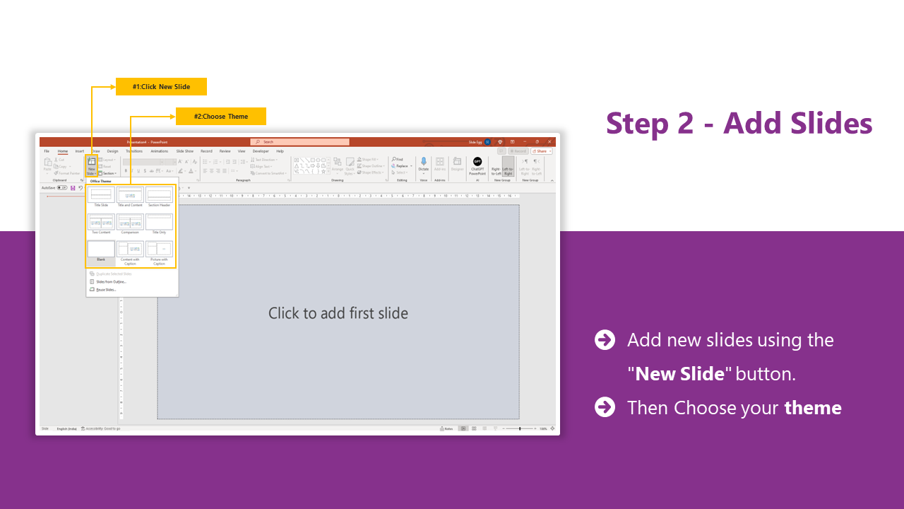 Step 2 shows how to add new slides in PowerPoint by selecting the new slide button and choosing a theme on a split backdrop.