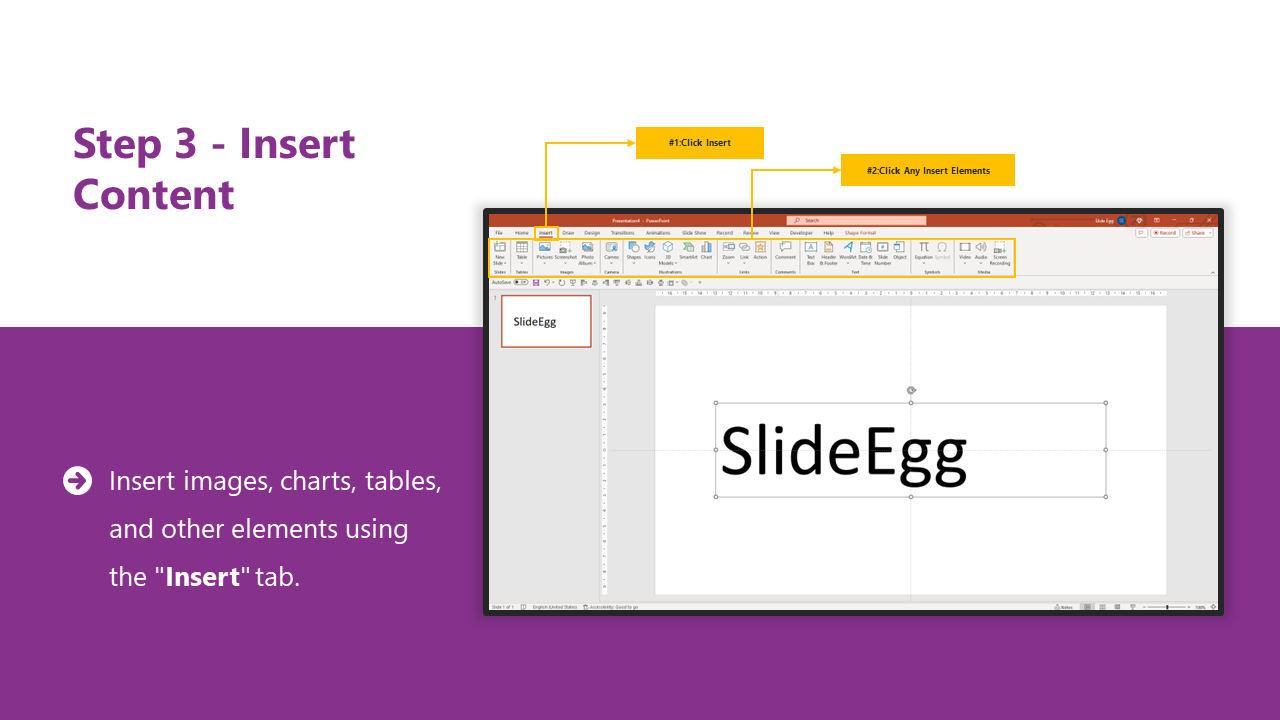 Step 3 shows how to insert images, charts, tables, and other elements into a PowerPoint presentation using the Insert tab.