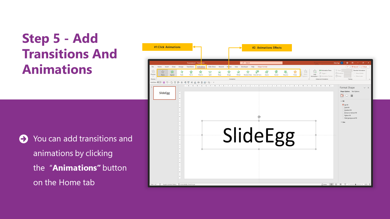 Step 5 shows how to use the Animations button to add transition and animation effects in PowerPoint on a split backdrop.