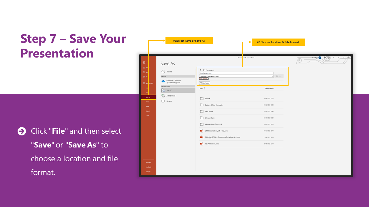PowerPoint interface demonstrating how to choose a location and file format after clicking the file and selecting Save As.