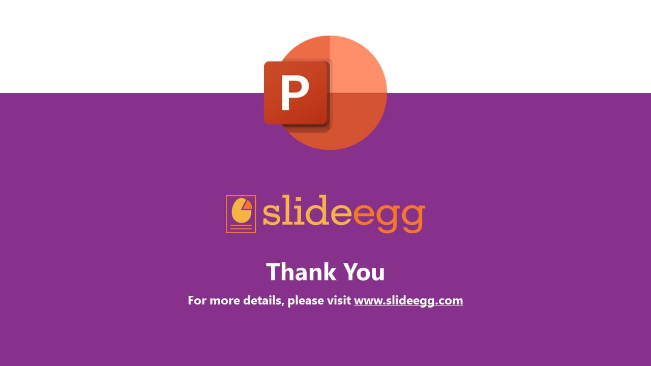 A thank you slide with SlideEgg's logo and a prompt to visit their website for more details on a purple theme.