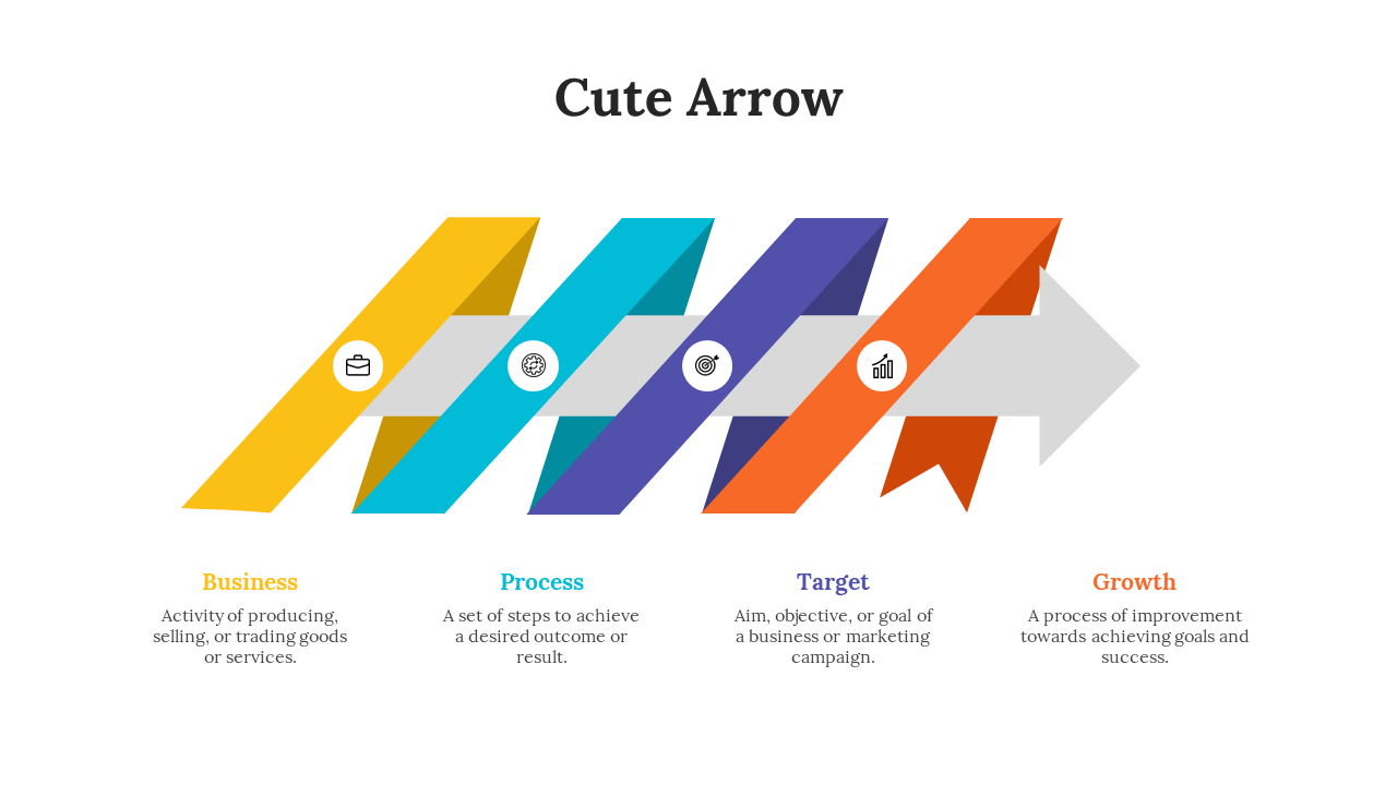 Colorful arrows diagram representing the stages of business, process, target, and growth with icons and definitions.
