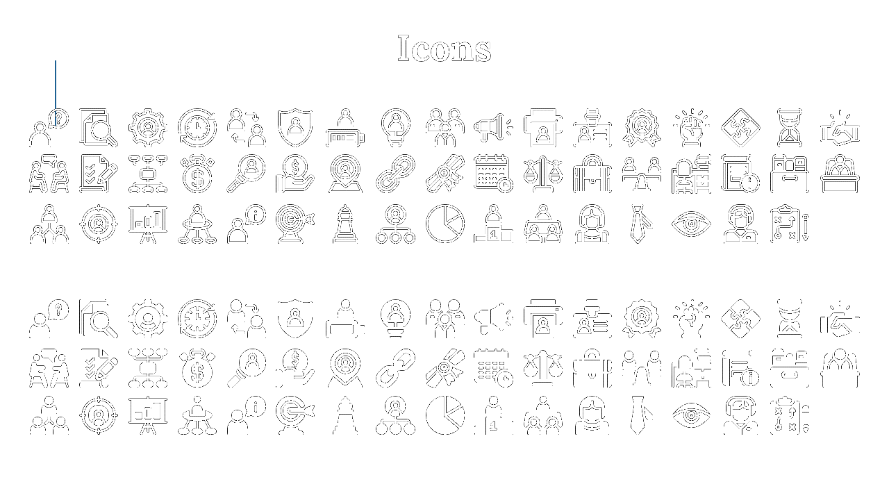 Collection of business related icons including charts, people, gears, and security symbols on a white backdrop.