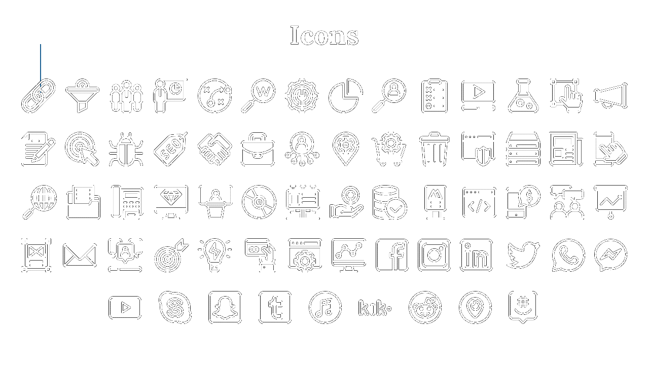 A collection of 60 black and white icons related to business, social media, analysis, and communication on a white backdrop.
