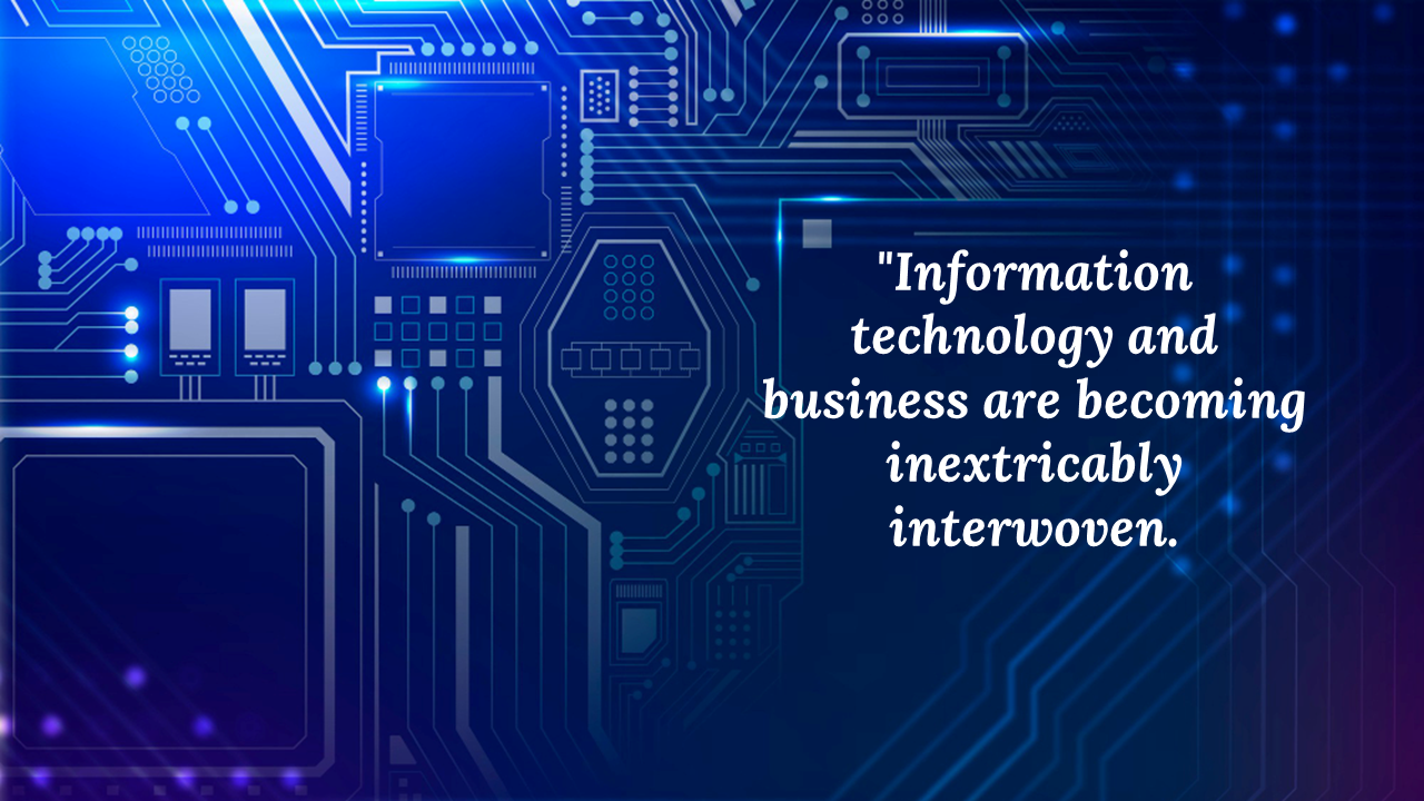 A close up of a blue circuit board design with glowing elements, featuring the quote.
