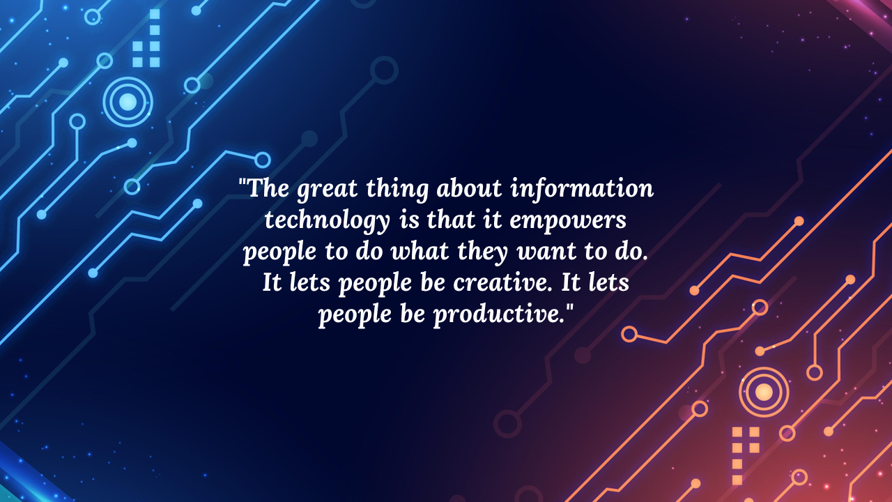 Futuristic tech background with glowing lines in blue and pink and circuits, featuring a quote about the power of technology.