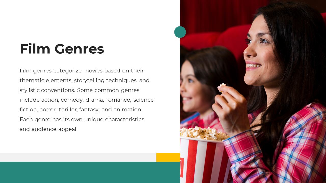 Film Genres defines and lists common movie categories and shows two individuals in a movie theater on a white backdrop.