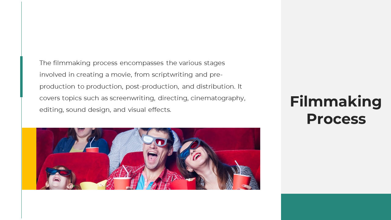 Filmmaking Process slide describes the stages of movie creation and shows five individuals in a cinema wearing 3D glasses.