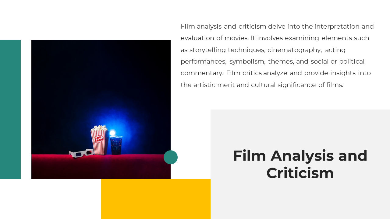Film Analysis and Criticism slide shows 3D glasses and popcorn box illuminated by a blue light in a darkened cinema setting.
