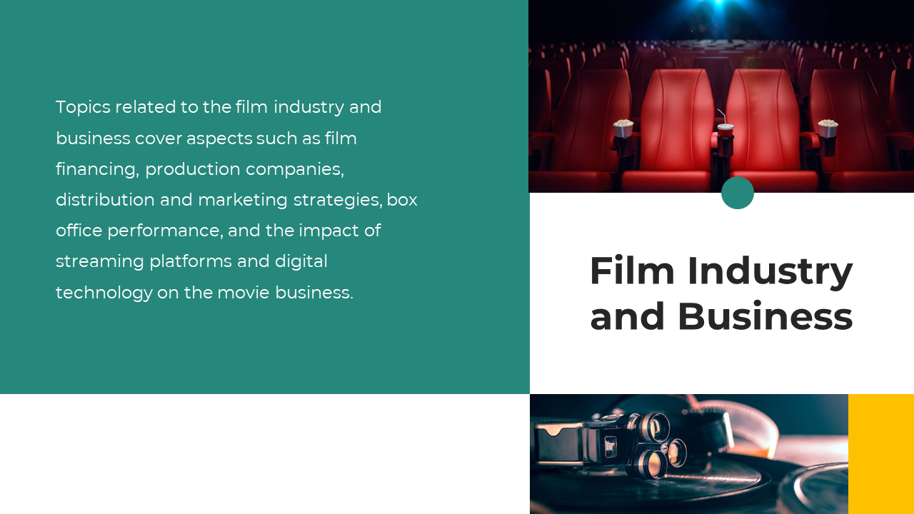Film Industry and Business slide shows empty red cinema seats with popcorn and drinks, and a vintage film camera and reels.