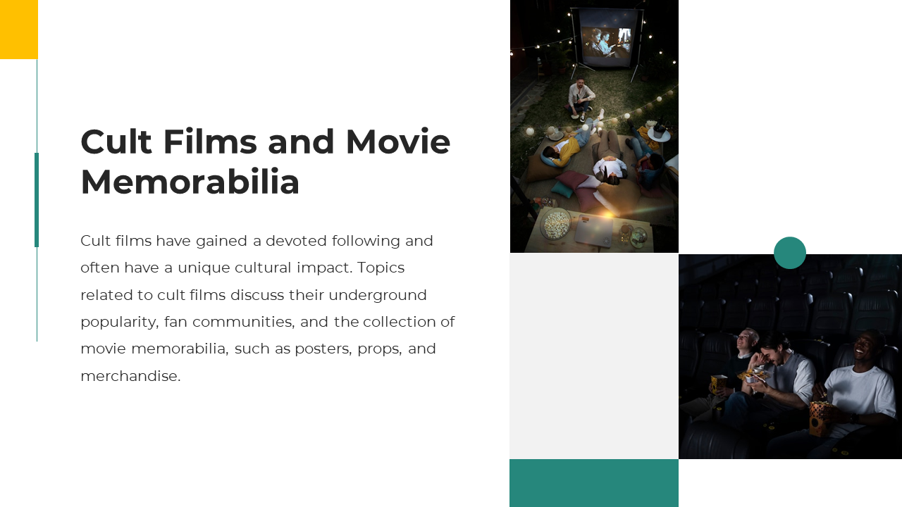Cult Films and Movie Memorabilia slide show an outdoor movie night with people sitting, and a group watching a film.