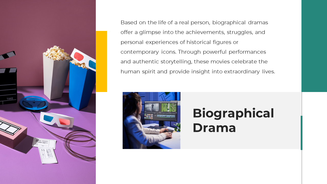 Biographical Drama slide includes a clapperboard, film reel, 3D glasses, popcorn boxes, and a person editing video footage.