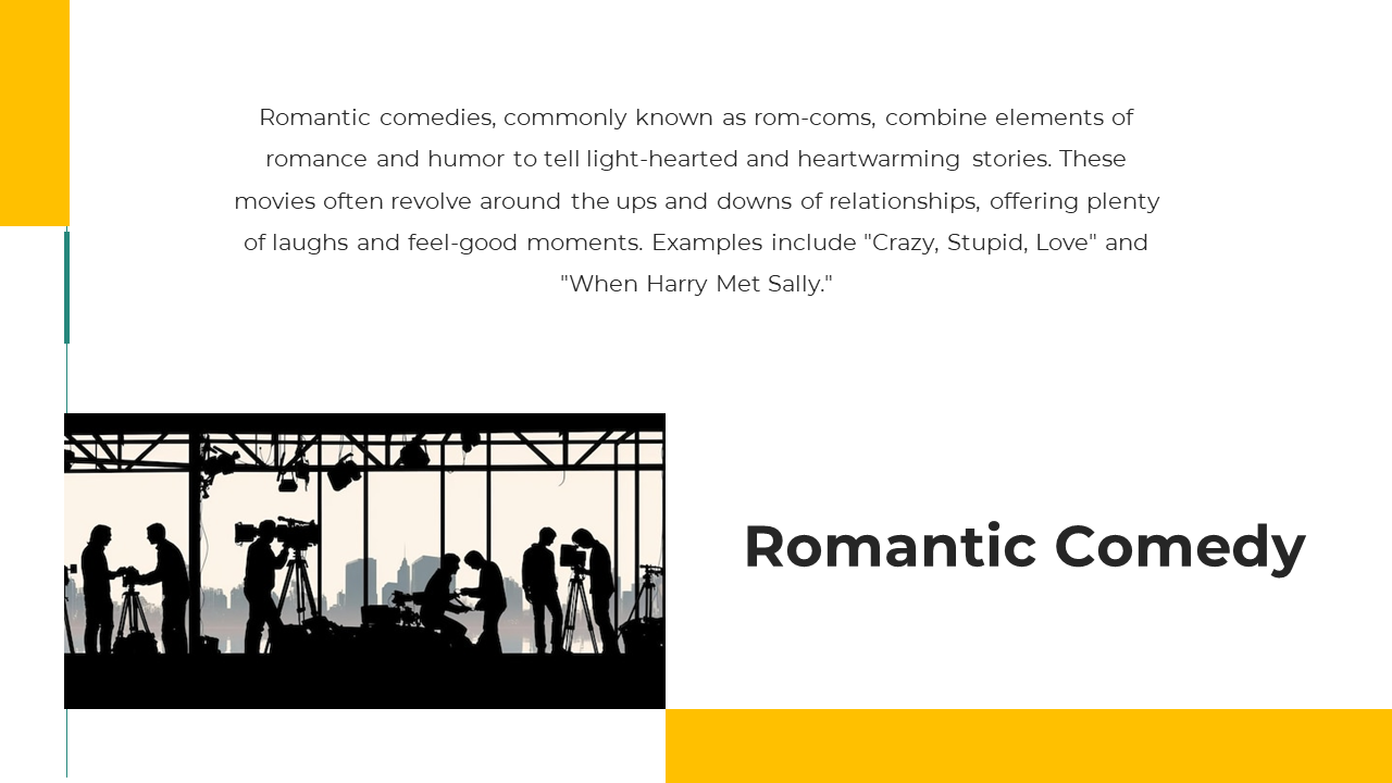 Romantic Comedy slide displays a silhouette of a video production team with cameras, lights, and equipment on white backdrop.
