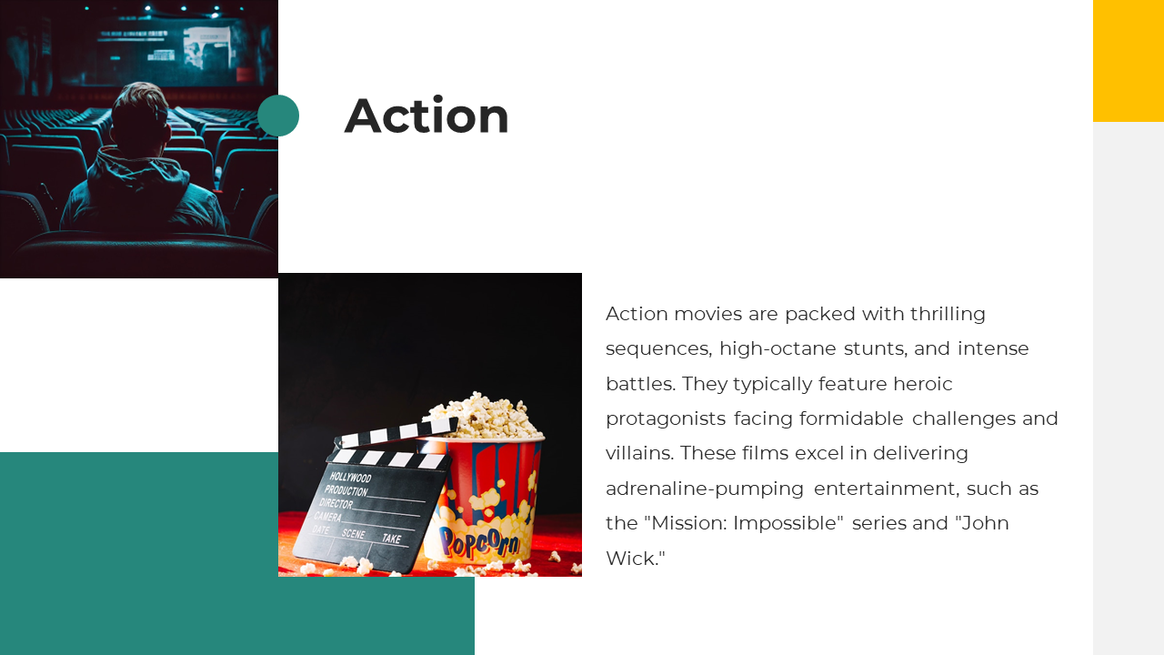 Action slide features a person sitting in a movie theater and a film slate next to a popcorn bucket on a white backdrop.