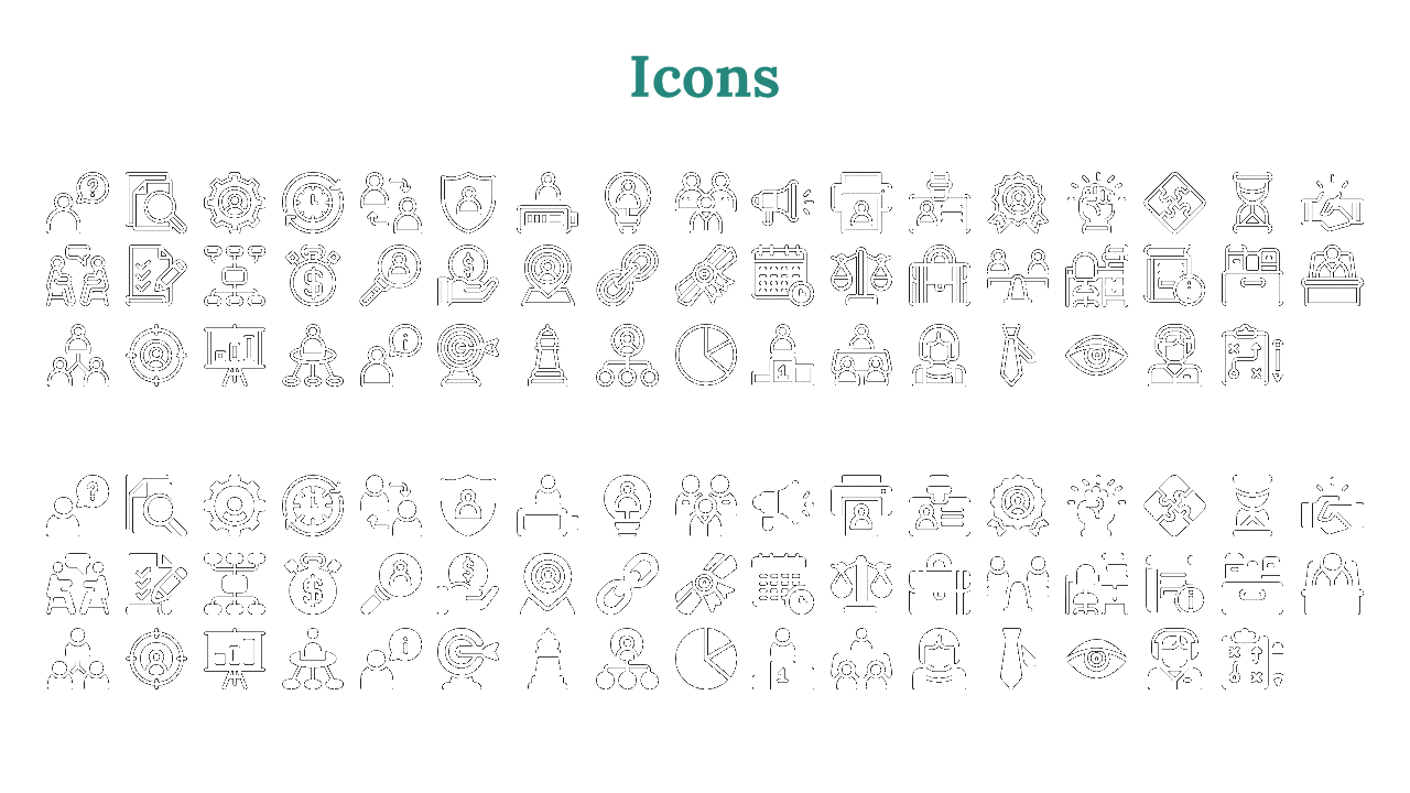 A collection of business related icons such as user profiles, security, teamwork, strategy, and more on a white backdrop.