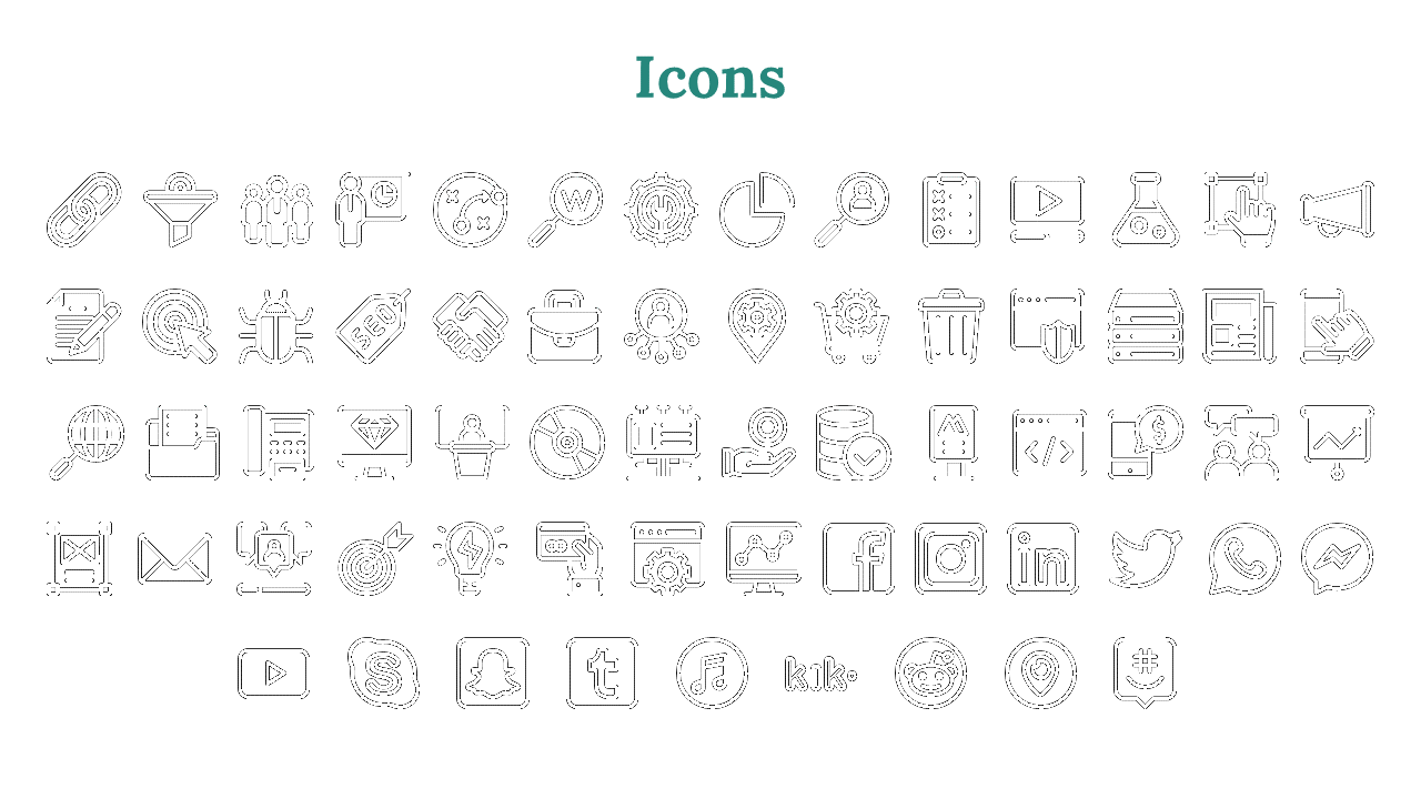 A set of icons representing concepts like communication, analysis, social media, and file management on a white backdrop.