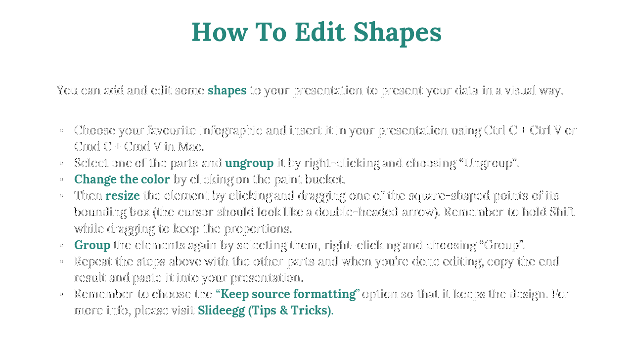 Instructions on how to edit shapes in PowerPoint, including steps for ungrouping, resizing, and grouping elements.